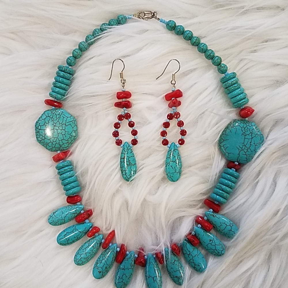 Faux Turquiose and Coral Colored Necklace Set